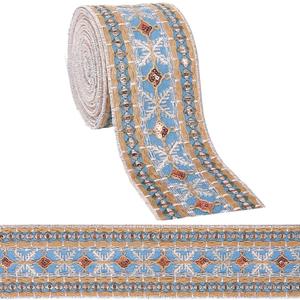 CABODYALS 3 Inch Denim Blue Jacquard Embroidered Ribbon Trim Tape Wide Polyester Sequin Bead Embroidery Woven Fabric Applique Ribbons Bulk for Sewing Making Crafts Clothes Dress Wedding Home Decor Diy