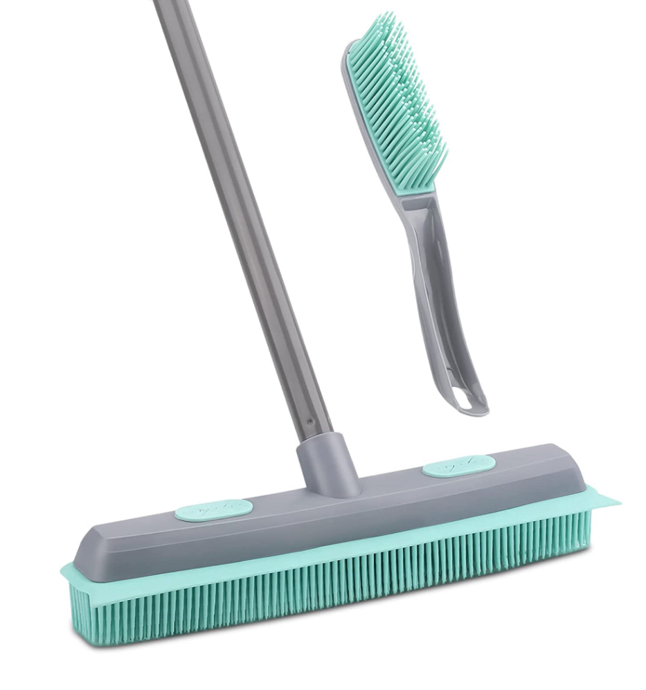 Rubber Broom Carpet Rake for Pet Hair, Fur Remover Broom with Squeegee, Portable Detailing Lint Remover Brush 