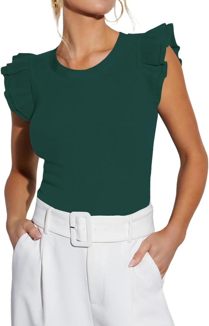 Ezbelle Women's Summer Tank Tops Ruffle Shirts Ribbed Knit Sleeveless Blouse Sexy Tshirt Trendy Outfits (Green, L)