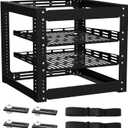 10U Open Frame Network Rack - 4 - Post Cold - Rolled Steel, Wall Mountable or Floor Standing, with 2 x 1U Adjustable Shelves & Mounting Hardware