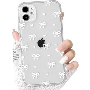 NITITOP Compatible with iPhone 11 Case Clear Cute Bow Knot Design for Women Girls Stylish Bowknot Durable Soft TPU Slim Protection Phone Cover - White Heart