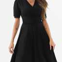 Women's Summer Casual Dress Short Sleeve Wrap V-Neck A-Line Dress Sundress Wedding Guest Cocktail Midi Dresses (Black, L)