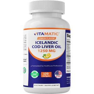 Vitamatic Icelandic Cod Liver Oil 1250 mg, Lemon, 120 Softgels, Made in USA
