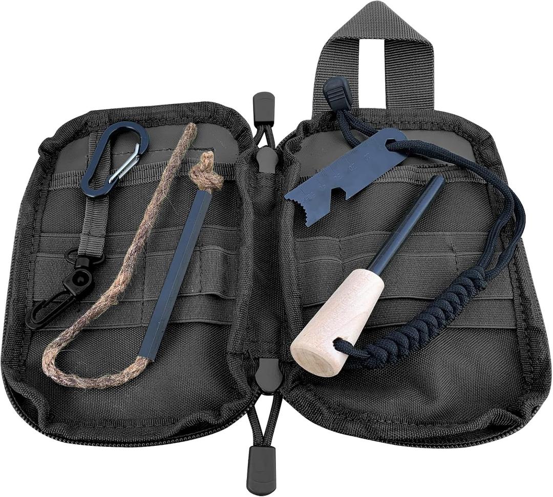 Fire Starter Survival Kit, Larger Ferro Rod with Striker Lanyard 3in Long Flint and Steel, 13.8in Wick Hemp Cord, Multifunctional Bag