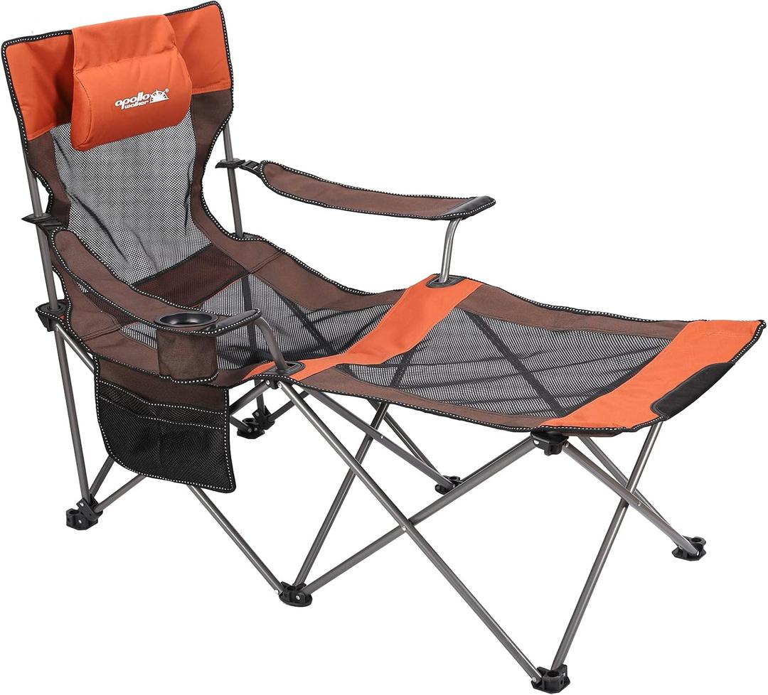 apollo walker Camping Chairs for Adults - 6 Legged Beach Chair with Foot Rest, Breathable Mesh, Adjustable 90 - 135 Reclining Lounge Chair Outdoor, Folding Chairs for Outside with Detachable Pillow (Regular, Orange)