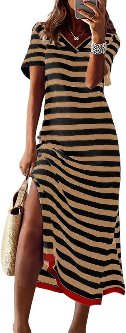 Dokotoo Women's Summer Casual Trendy 2026 Short Sleeve Maxi Dress Striped Split Vacation Color Block T-Shirt Dress (Brown, L)