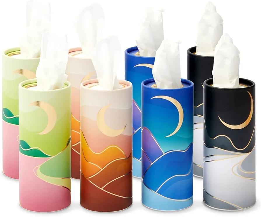Zodaca 7-Pack Car Tissues Cylinder Boxes - Round Travel Wipes for Car Cup Holder (50 Tissues Per Container, Gold Foil Moon Design)