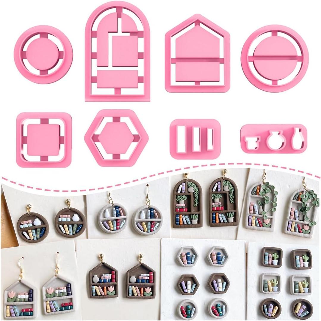 Keoker Back to School Clay Cutters, Polymer Clay Earrings Cutters for Jewelry Making, Bookshelf Polymer Clay Cutters, Teacher Clay Cutters for Earrings, 8 Shapes Clay Earring Cutters