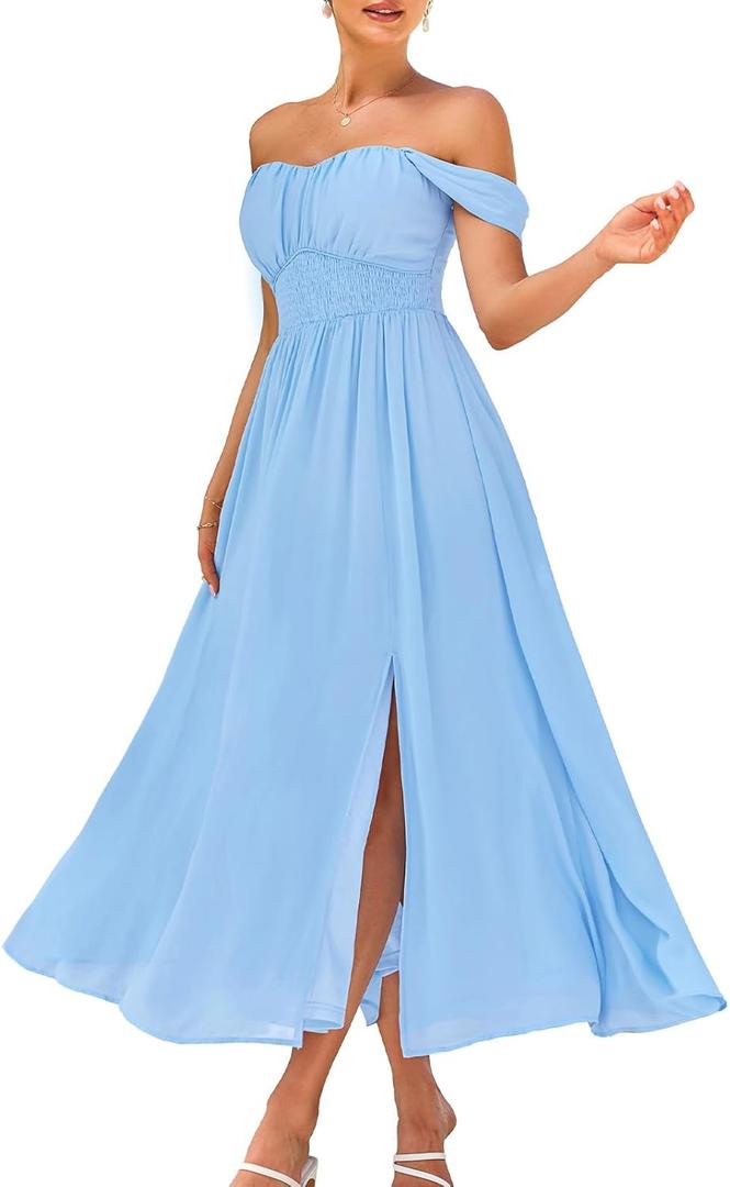 GRACE KARIN 2025 Women's Summer Floral Print Flowy A Line Maxi Dresses Sleeveless Smocked Off Shoulder Dress (Medium, Light Blue)