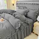 LifeTB Queen Comforter Set Black Gingham Comforter Vintage Ruffle Checkered Pattern Comforter Set Boho Grid Plaid Bedding Comforter Fluffy Soft Chic Gingham Bedding Set Queen Size for All Season