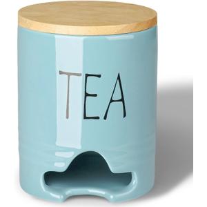 Ceramic Tea Bag Holder with Wood Lid, Farmhouse Tea Bag Dispenser for Countertop, Tea Organizer Storage Container with Bottom Opening (Turquoise)