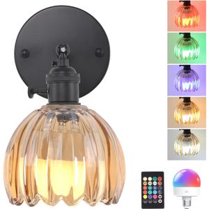Vintage Battery Operated Wall Sconce with Amber Tulip Glass Lampshade Wireless Rechargeable Battery Powered Black Wall Light with Remote Control for Bedside Bedroom Doorway