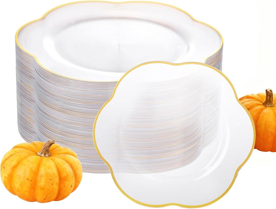 Liacere 100PCS Clear Plastic Plates - Clear and Gold Disposable Dinner Plates - 10inch Heavy Duty Gold Dinner Plates, Perfect for Wedding & Party & Holiday & Fall & Thanksgiving