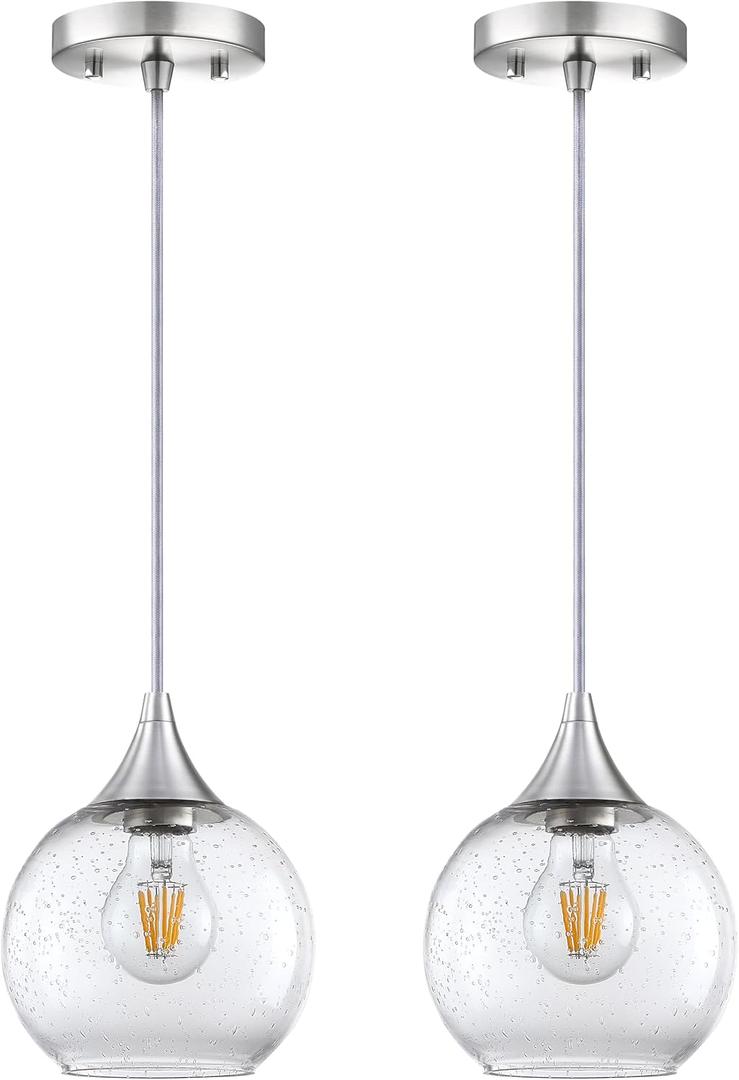 1 Light Hanging Indoor Kitchen Island Pendant Ceiling Light 6.3" Seeded Glass Fixture,Farmhouse Dinning Over Sink Bedside (Seeded Glass, 2 Pack)
