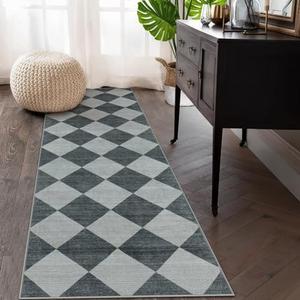 Checkered Kitchen Runner Rug 2×10, Ultra Thin Washable Runners for Hallways Non Slip, Moroccan Neutral Print Non Shedding Kitchen Runner Rugs, Stain Resistant 10 Foot Runner Rug, Blue/Grey