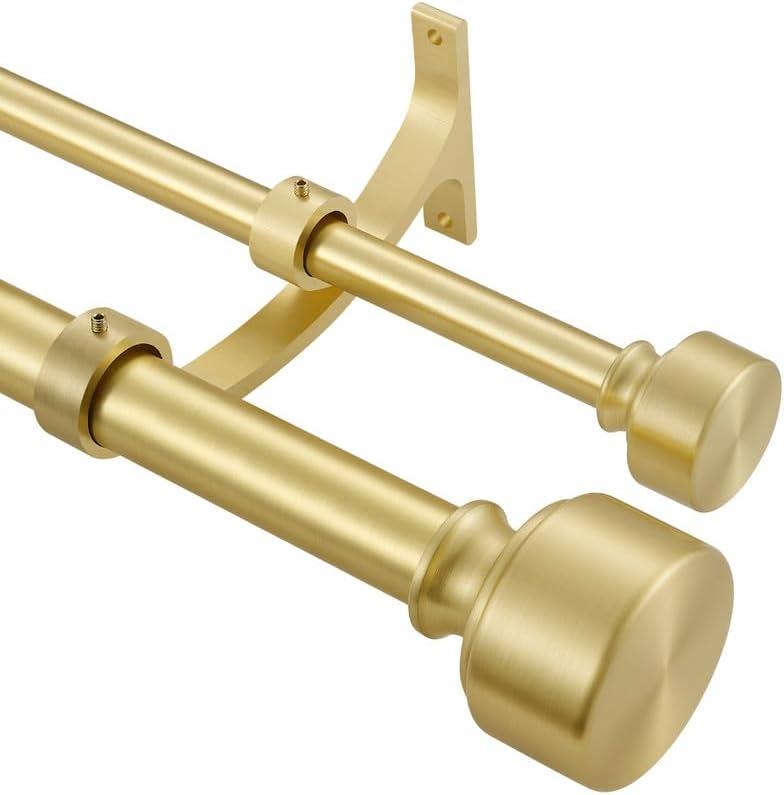 Brass Double Curtain Rods, Heavy Duty Double Rod Curtain for Window 72-144 Inch, Decorative Double Rod Curtain Rods with Modern End Cap, 1-Inch Front and 5/8 Inch Back Telescoping Double Drapery Rods