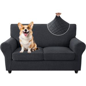 CYCMCAO 3 Piece Stretch Sofa Cover Couch Covers for 2 Cushion Couch, Loveseat Covers Stay in Place, Sofa Covers Washable with Elastic Bottom for Dogs (Charcoal Gray), 71"-91" (2 Cushion Sofa)