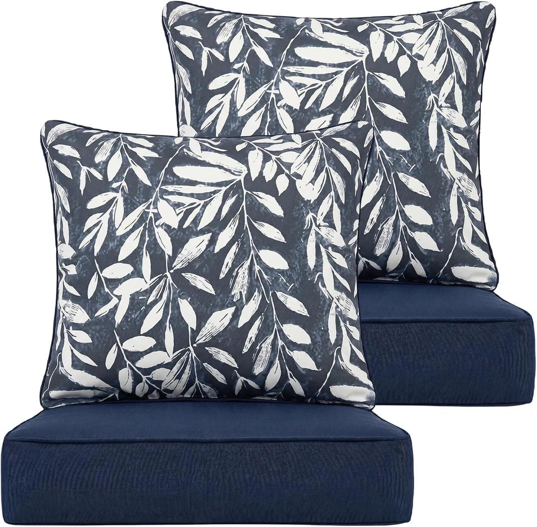 Deep Seat Cushion 22x24 2 Set (4 Pcs) for Outdoor Furniture, Water Repellent Fade Resistant Patio Cushions for Sofa, Chair, Lounge, Blue Leaves/Floral