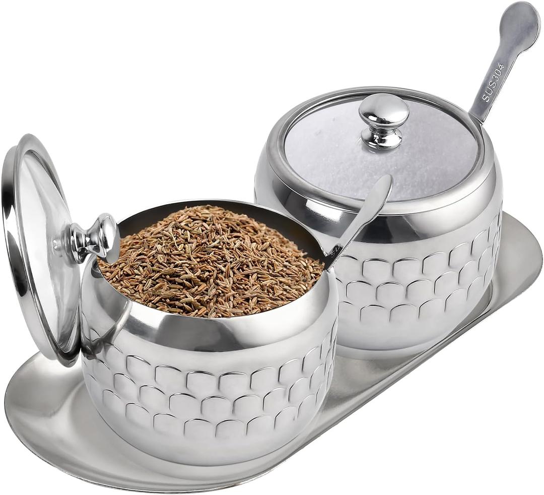 2 Pcs Stainless Steel Sugar Bowl with Lid Spoon and Tray,350ml/12 Oz Seasoning Jar Condiment Container for Home and Kitchen, Drum Shape Condiment Pots for Serving Sugar Salt Spice Pepper