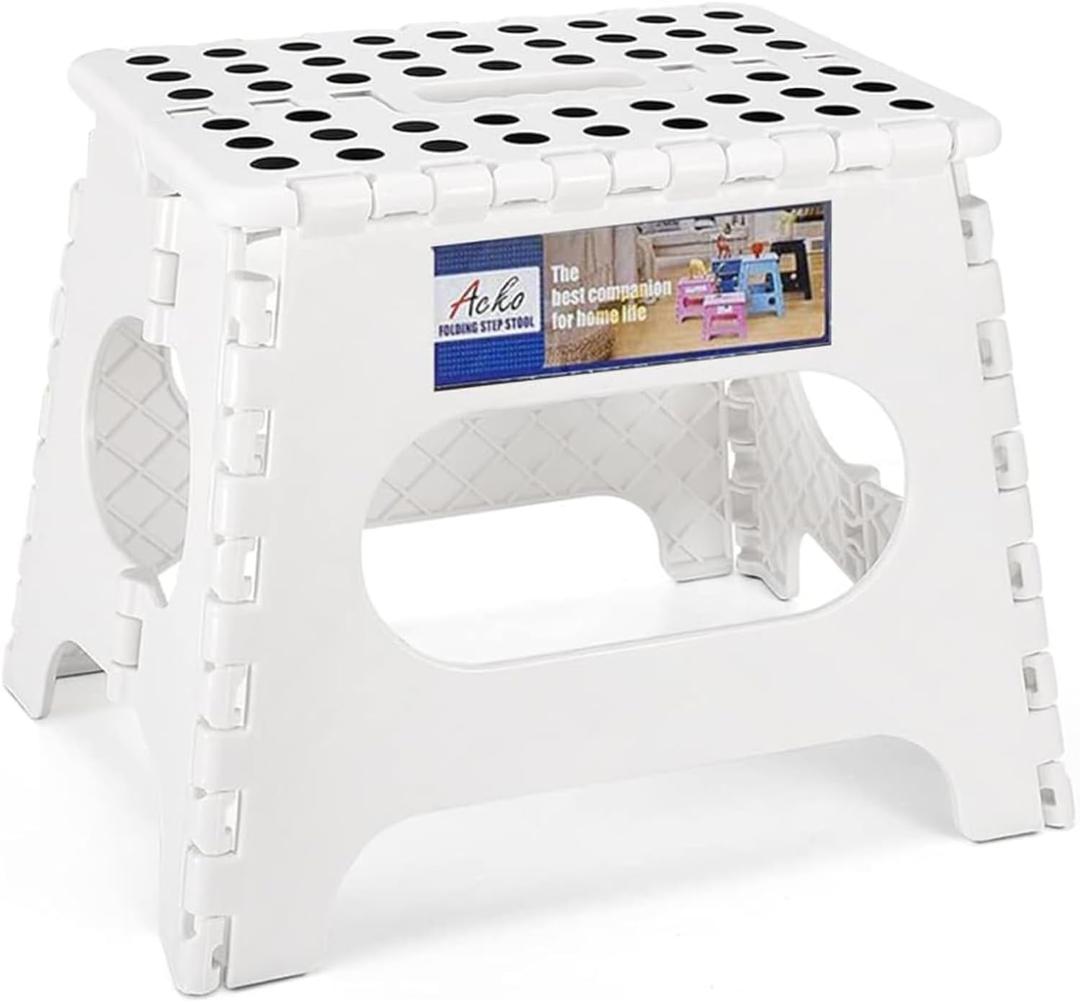 ACKO Folding Step Stool Foldable Step Stools for Kids, 11 Inch Foot Stool Black Plastic Step Stool with Portable Handle Small Stool Hold up to 300lbs for Bathroom, Kitchen White
