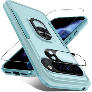 for Google Pixel 10/10 Pro Case with Screen Protector + Camera Lens Protector,Heavy Duty Shockproof Full Body Protective Cover Built in Rotatable Metal Ring Holder Kickstand,2025 Mint Green