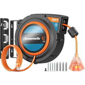 DEWENWILS Extension Cord Reel with Twist-lock Stopper, Power Retractable Cord Reel, Lightweight and Portable, Brighter Triple Tap Outlet, for Home Maintenance, Garages, Workshops, Orange