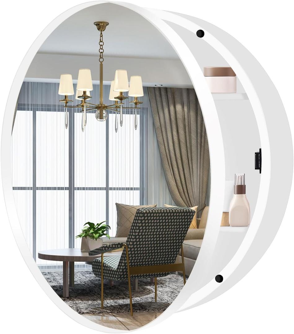 26 Inch Round Medicine Cabinet with Mirror, White Bathroom Medicine Cabinet for Wall Metal Framed, Surface Mount Only Circular Storage Cabinet with Vanity Mirror