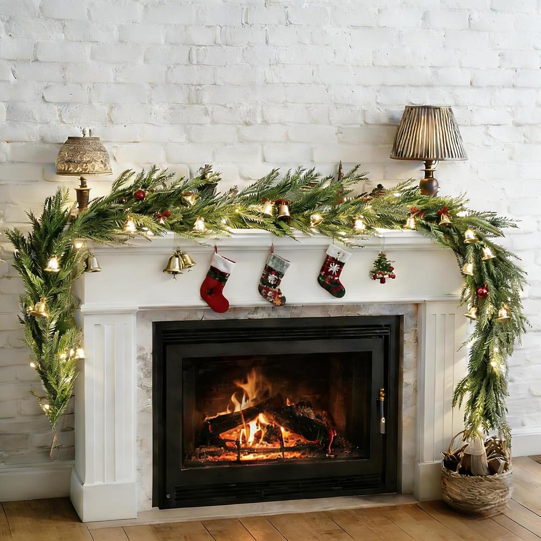 2Pcs 6FT Christmas Norfolk Pine Garlands,Real Touch Garland, Faux Greenery Garland for Fireplace Mantle Indoor Outdoor Holiday Party Home Decor2-Pack