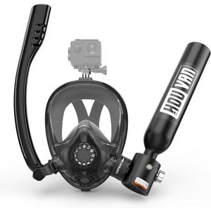 Mini Scuba Tank with Snorkel Mask 0.5L Inflatable Diving Tank with Full Face Diving Mask Pony Bottle Backup Diving Air Tank Suits for Recreational Snorkeling Shallow Diving, A-Black
