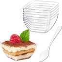 Zezzxu 100 x 2 oz Mini Dessert Cups with Spoons, Clear Reusable Small Square Bowl Tiny Party Serving Plastic Cups for Individual Appetizers, Trifle, Hors D'oeuvres, Shrimp Cocktail Cups