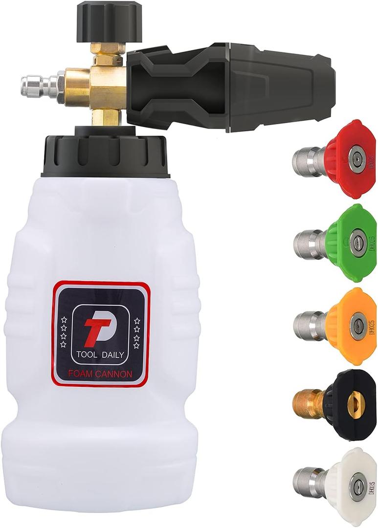Tool Daily Foam Cannon, 1/4 Inch Quick Connect, Power Washer Foam Cannon with 5 Pressure Washer Nozzles, 1 Liter