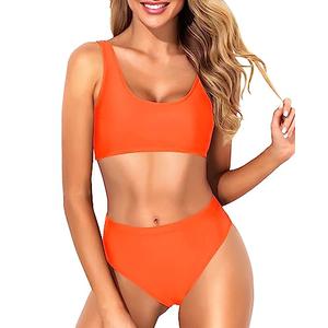 Tempt Me Women Orange Two Piece Scoop Neck Bikini Crop Top Swimsuit Sporty High Waisted Bathing Suit XXS