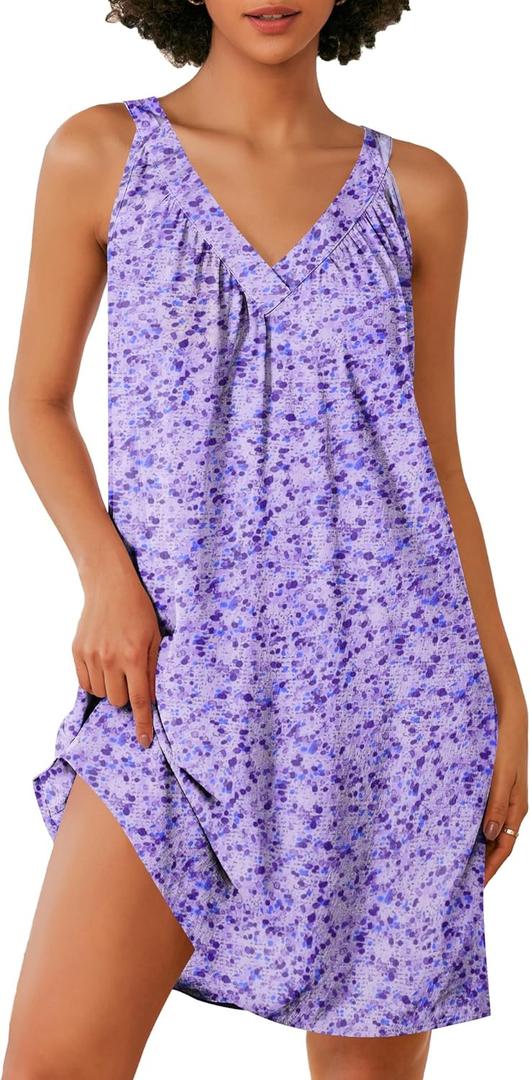 Ekouaer Nightgown for Women Sleeveless Sleepwear Lightweight Racerback Sleep Shirt Pleated V Neck Night Dress Short Chemise (Large, Blue White Spots)