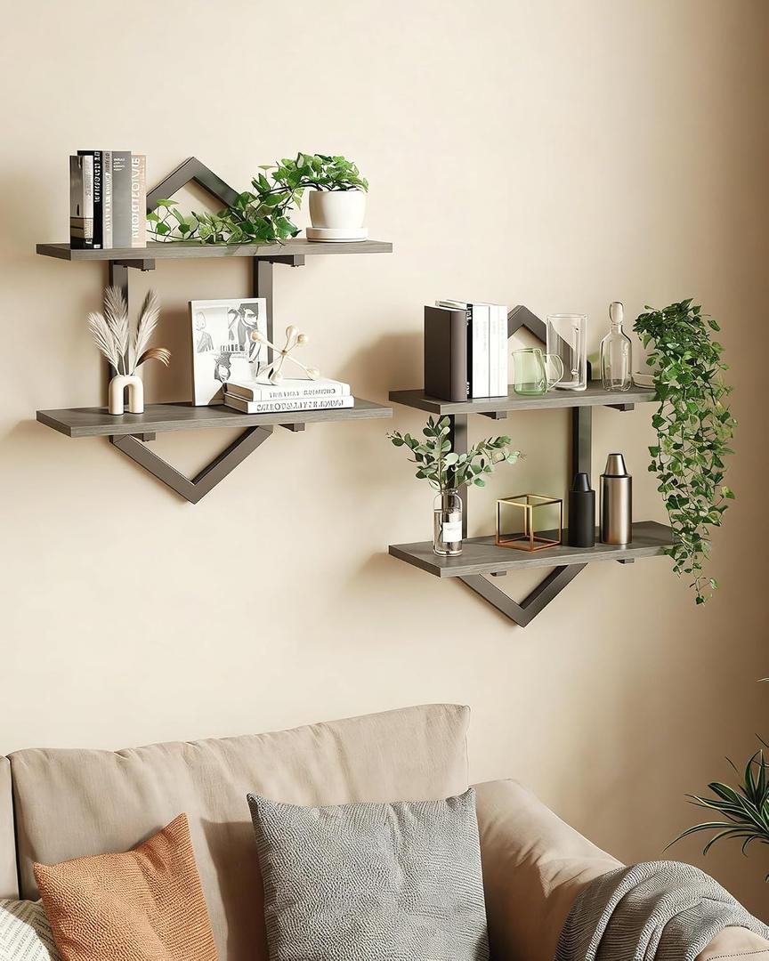 Floating Shelves, Set of 2 Wall Shelf, Wall Mounted Decorative Shelves, 2-Tier Modern Geometric Hanging Storage Shelf for Living Room, Bedroom, Kitchen, Office, Study (Greige + Black)