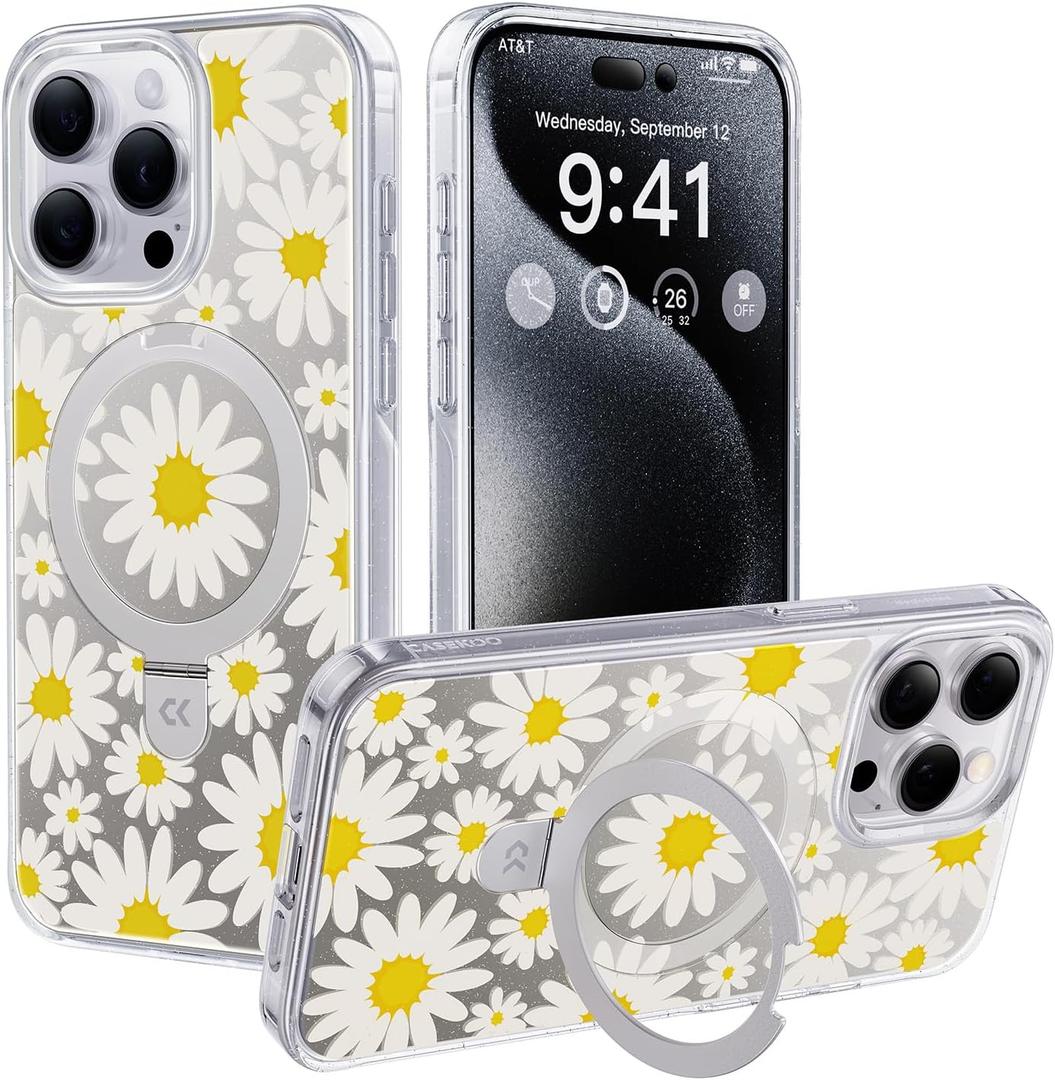 CASEKOO Floral Series Mirror Daisy for iPhone 15 Pro Max Case with Magnetic Ring Stand [Compatible with MagSafe] [Military-Grade Protection] Glitter Back Design, Soft Edge, for Women