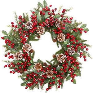 20 Inch Christmas Wreath for Front Door Snowy Winter Wreath for Christmas Decorations Artificial Door Wreath with Pine Needles Pinecones Red Berries for Wall Window Holiday Party Xmas Decor