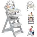 Wooden High Chair with Tray, Adjustable High Chair for Babies Toddler Adult, Convertible Baby Highchair, 5 Point Safety Harness & Soft Cushion & 3 Toys, Adjustable Footrest & Infant Bouncer, Grey