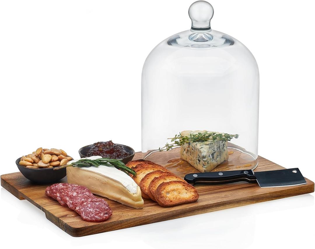 Libbey 4-Piece Acaciawood Cheese Board Set, Round Charcuterie Board with Glass Dome, Knife and Bowls, Charcuterie Boards Gift for Weddings, Parties