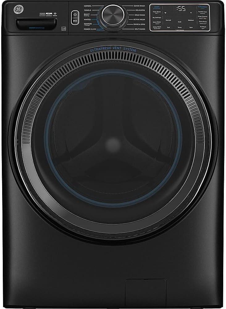 GE 5.0 cu.ft. Smart Front Load Washer in solid black color with Steam, UltraFresh Vent System, and Microban Technology