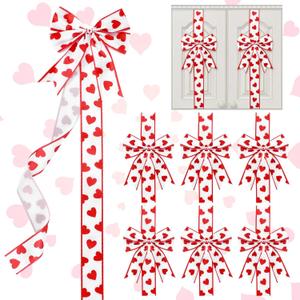 WILLBOND 8 Pcs Valentine's Day Cabinet Ribbons Bows for Kitchen 78.8 Inch Large Red and White Heart Door Ribbon Cabinet Bows for Home Gifts Holiday Wall Furniture Party Decorations