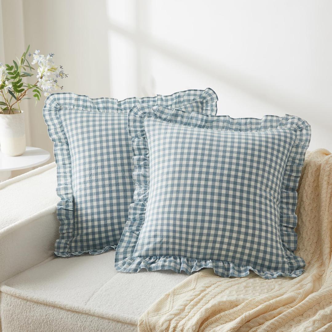 KKJIAF Ruffle Gingham Pillow Covers 20 x 20 Inches, Cotton Gingham Pillow Cases Set of 2, Linen Feel Ruffled Plaid Pillow Shams with Envelope Closure for Sofa Bed (Dusty Blue Plaid)