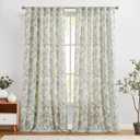 jinchan Linen Curtains Floral Curtain for Living Room 96 Inch Long Green French Rod Pocket Light Filtering Toile Print Farmhouse Bedroom Curtains Window Drapes Set 2 Panels