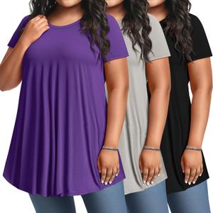 Evervibe 3 Pack Women's Plus Size Tunic Top Short Sleeve Long Shirts Summer Loose Fit Flowy Blouse Wear with Leggings (2XL)