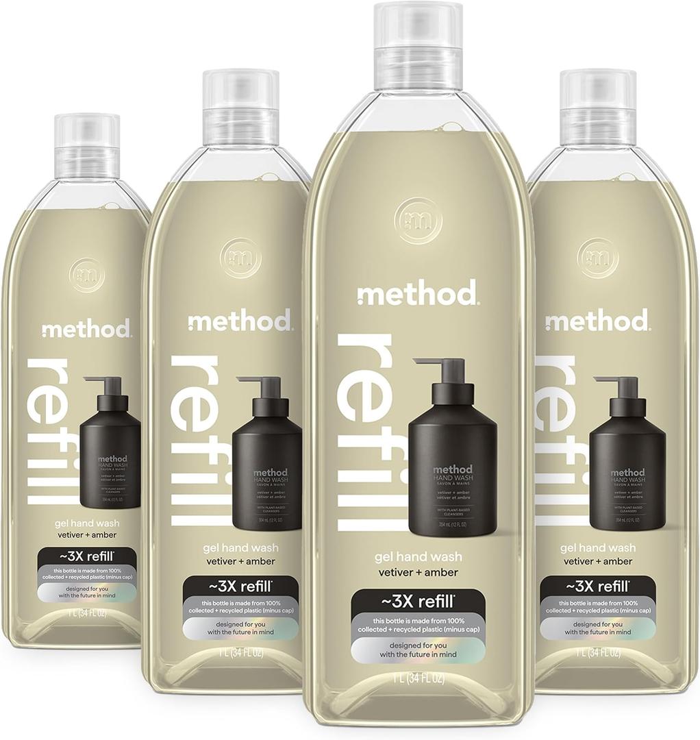 Method Premium Gel Hand Wash Refill, Vetiver + Amber, Recyclable Bottles, 34 fl oz (Pack of 4) 