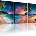 Sunset Ocean Canvas Wall Art Tropical Beach Prints Painting Palm Coconut Tree Natural Landscape 3 Panels Framed Coastal Artwork for Bathroom Living Room Bedroom Decor 16"x24"x3pcs