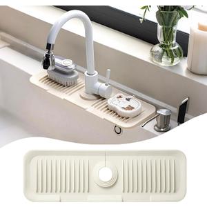 2 x Faucet Mat for Kitchen Sink, 17.7" x 5.5" kitchen sink splash guard 5Slope Fast Draining Design Faucet Guard & Draining Mat silicone sink splash guard, Beige