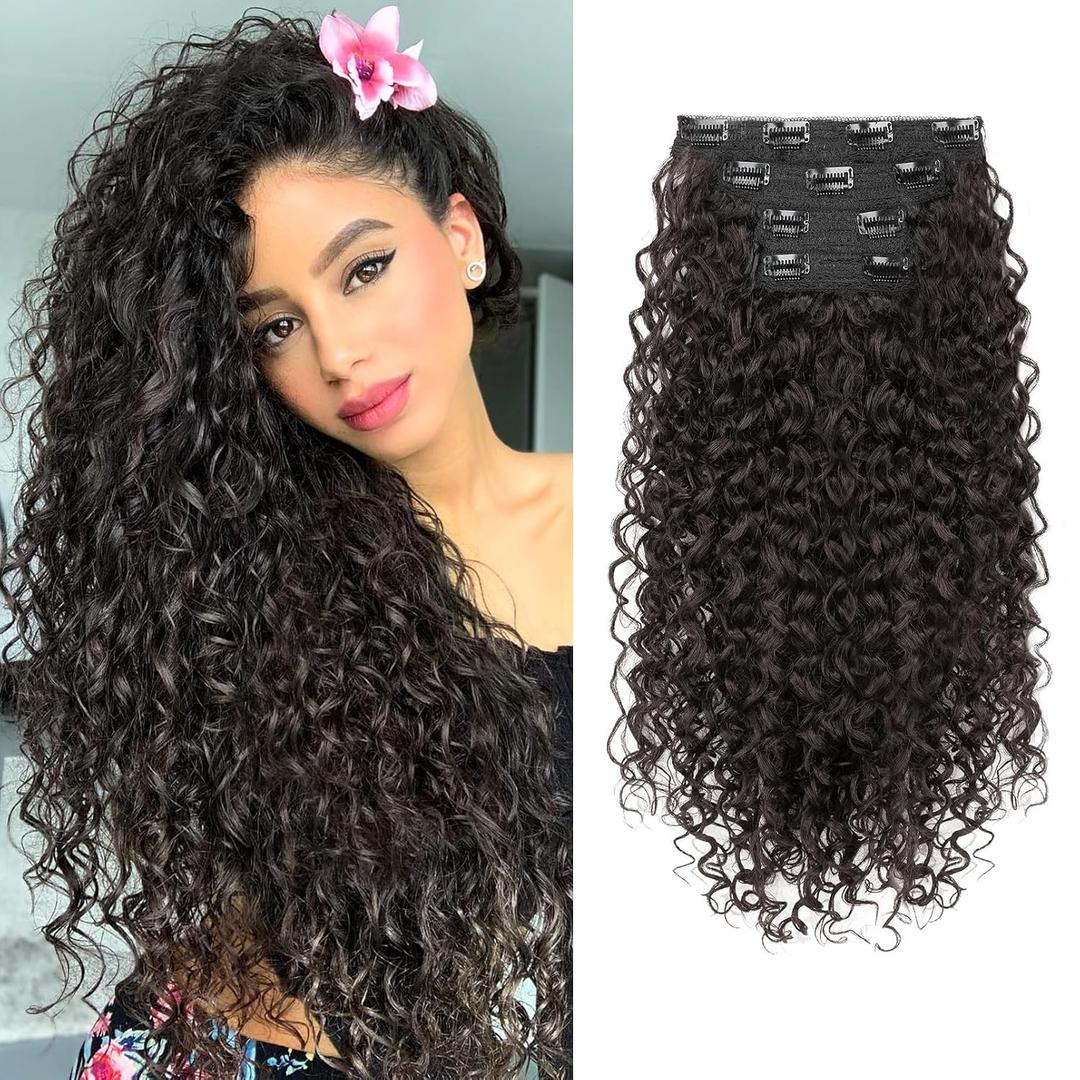 Clip in Hair Extensions, FLUFYMOOZ 4PC 100 Pure Protein Silk Hair Extensions Long Soft Natural Hairpiece 20 Inch Curly Hair Extension for Women (Dark Chocolate Brown)
