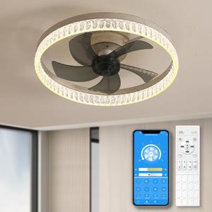 20" Modern Ceiling Fans with Lights and Remote, Artistic Dimmable Ceiling Fan, Flush Mount Bladeless Ceiling Fan, Stepless Color Temperature Changes Chandeliers- Yellow