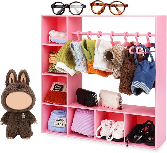 Doll Clothes Closet/Wardrobe Large Plus 10 Hangers, Doll Accessories Display Box, Clothes Storage for Figures, Portable Storage for Fashion Doll Clothes, Gift (Pink)