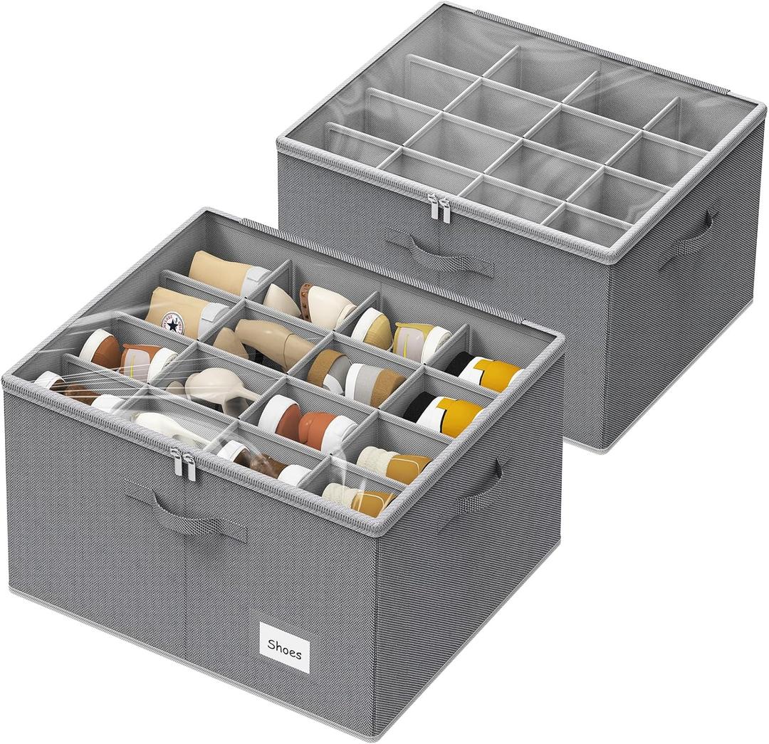 2Pcs Shoe Organizer for Closet Washable PP Board, Large Fabric Shoes Organizer Storage Box Foldable, Adjustable Dividers Shoe Storage Bins with Lid for Canvas Sandals Sneakers Fits 16 Pairs Gray